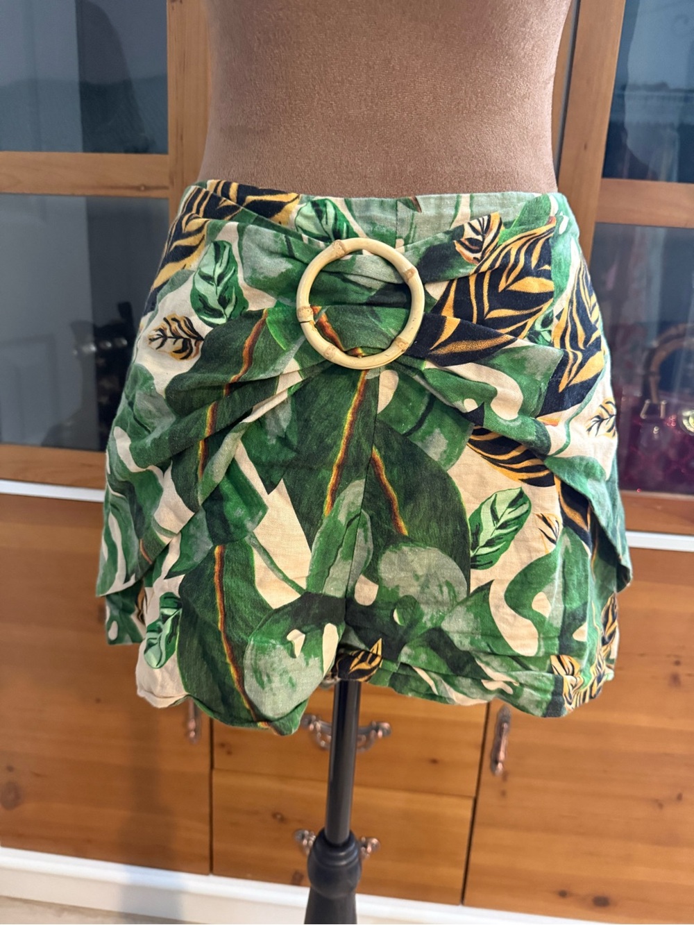 FARM Rio Green Tropical Leaf Mini Skirt with Ring Detail